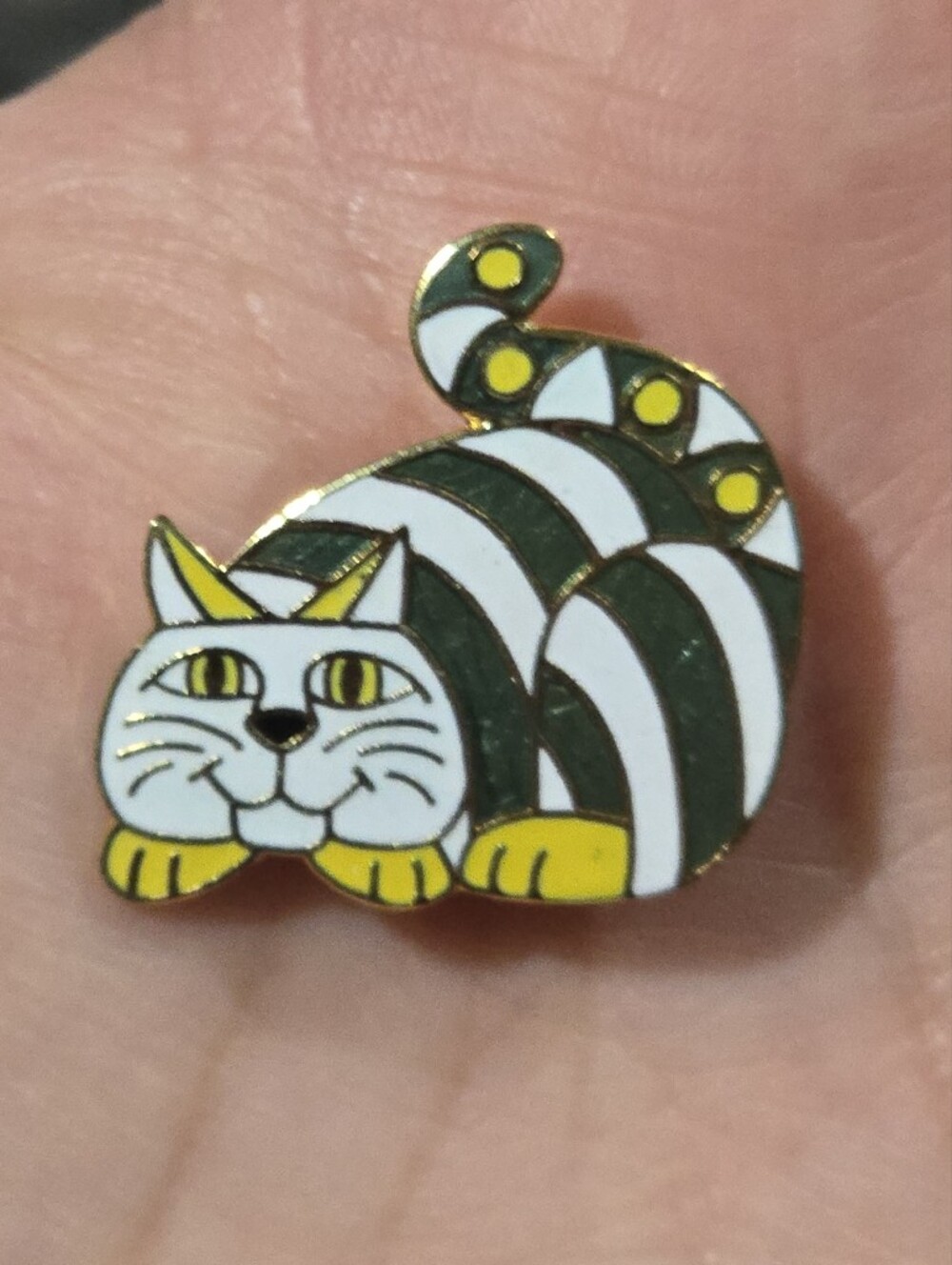 Striped Cat Enamel Brooch in White, Green & Yellow